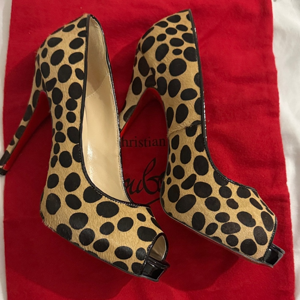 Christian Louboutin Tan with Black Spot Peep-Toe Pumps